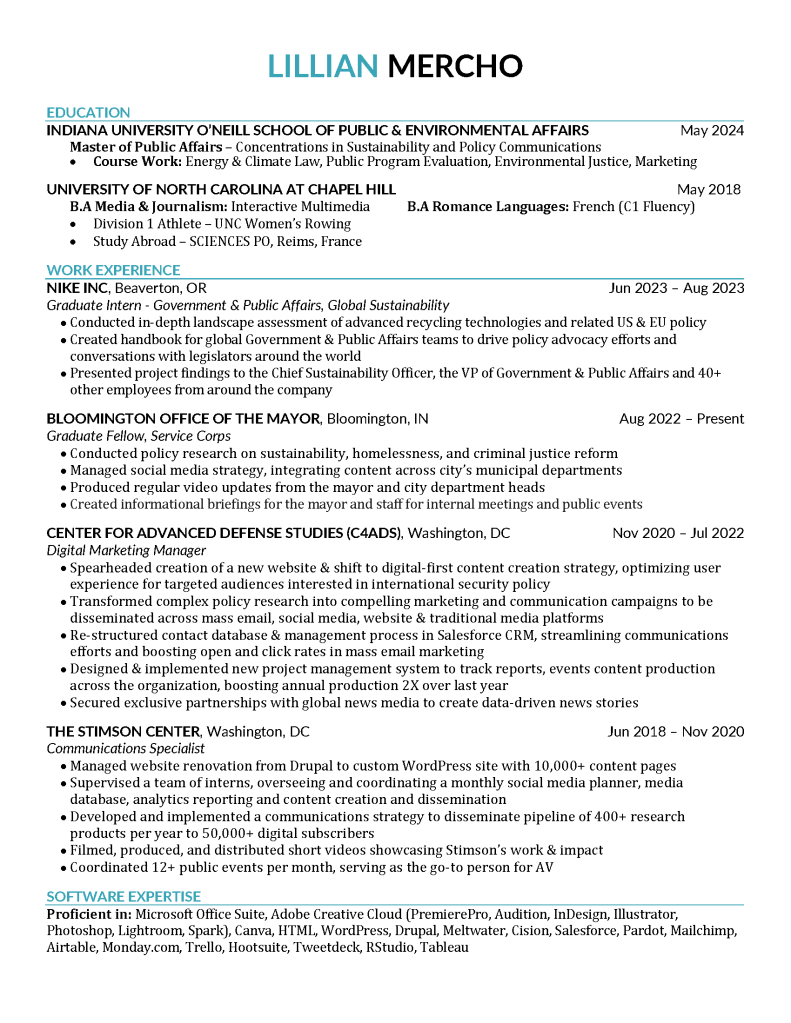 Resume covering: education, work experience and software expertise